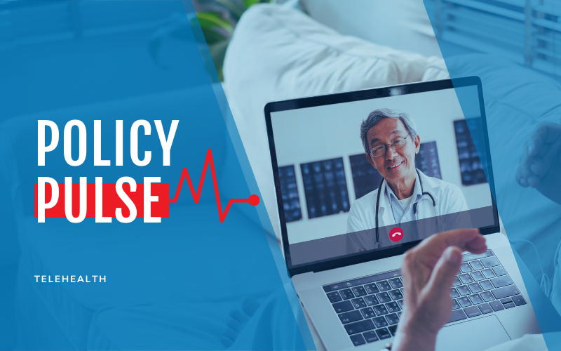 "Policy Pulse: Telehealth" with an image of a doctor on a computer screen